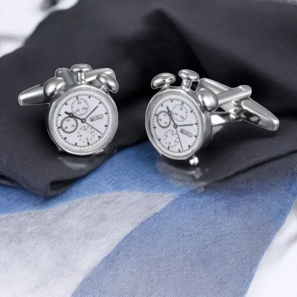 Vintage Alarm Clock Cufflinks Analog Twin Bell Silver Novelty Chronograph Formal